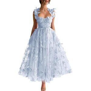 Light Blue Butterfly Appliqué Gown – Corset Back – Fairytale Formal Dress
